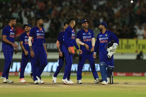 Rishabh Pant (extreme right) with teammates after India’s win in the 4th T20I. Pic: Getty Images