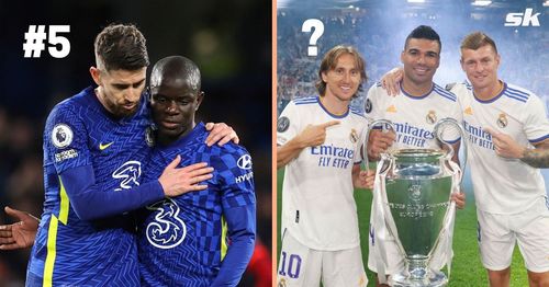 Jorginho and N'Golo Kante of Chelsea (left) and Luka Modric, Casemiro and Toni Kroos of Real Madrid (right)