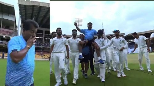 An emotional Chandrakant Pandit (L) was picked up by the MP players on their shoulders after the win. (P.C.:BCCI)