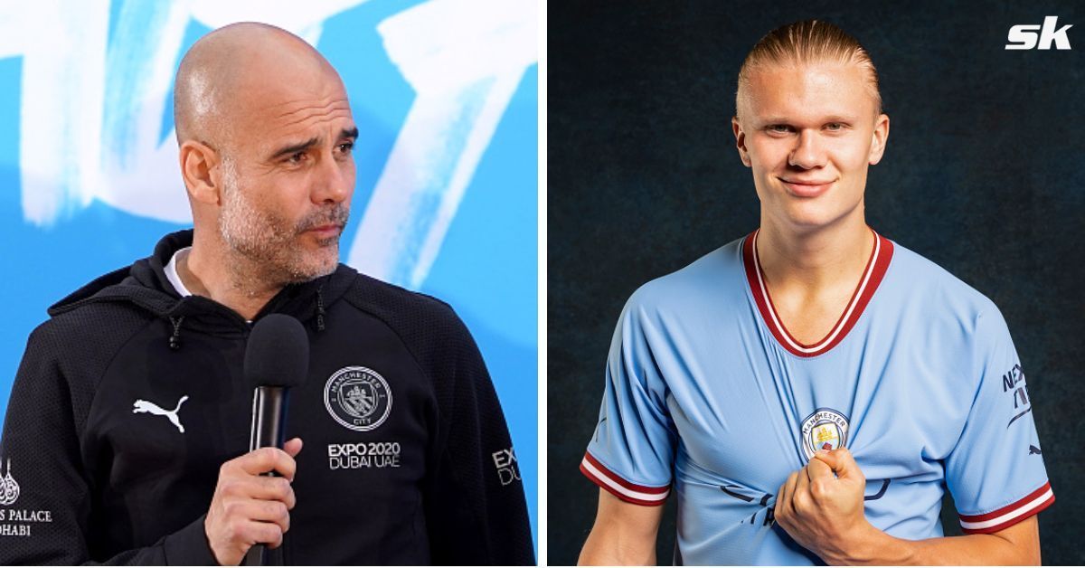 [L-to-R] Manchester City boss Pep Guardiola and Erling Haaland.