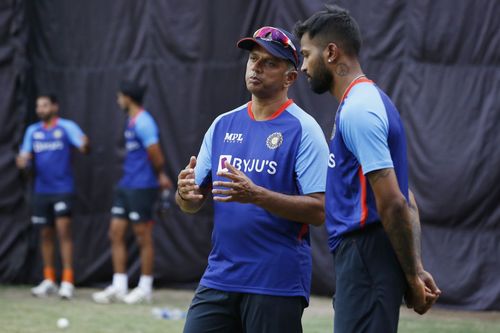 Rahul Dravid (left) has a conversation with Hardik Pandya. Pic: BCCI