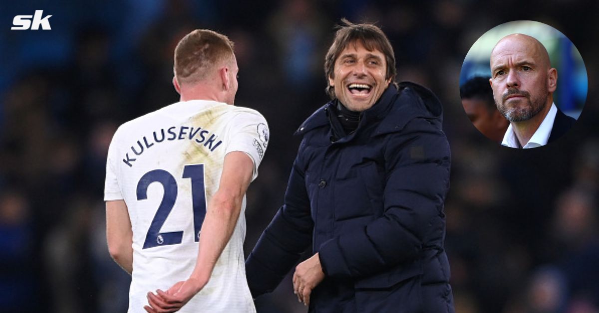 Tottenham&#039;s Dejan Kulusevski with Antonio Conte; [inset] Manchester United boss Erik ten Hag.