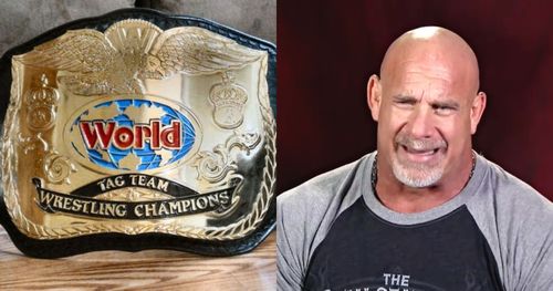 The old WWE World Tag Team Championship belt (left); Goldberg (right)