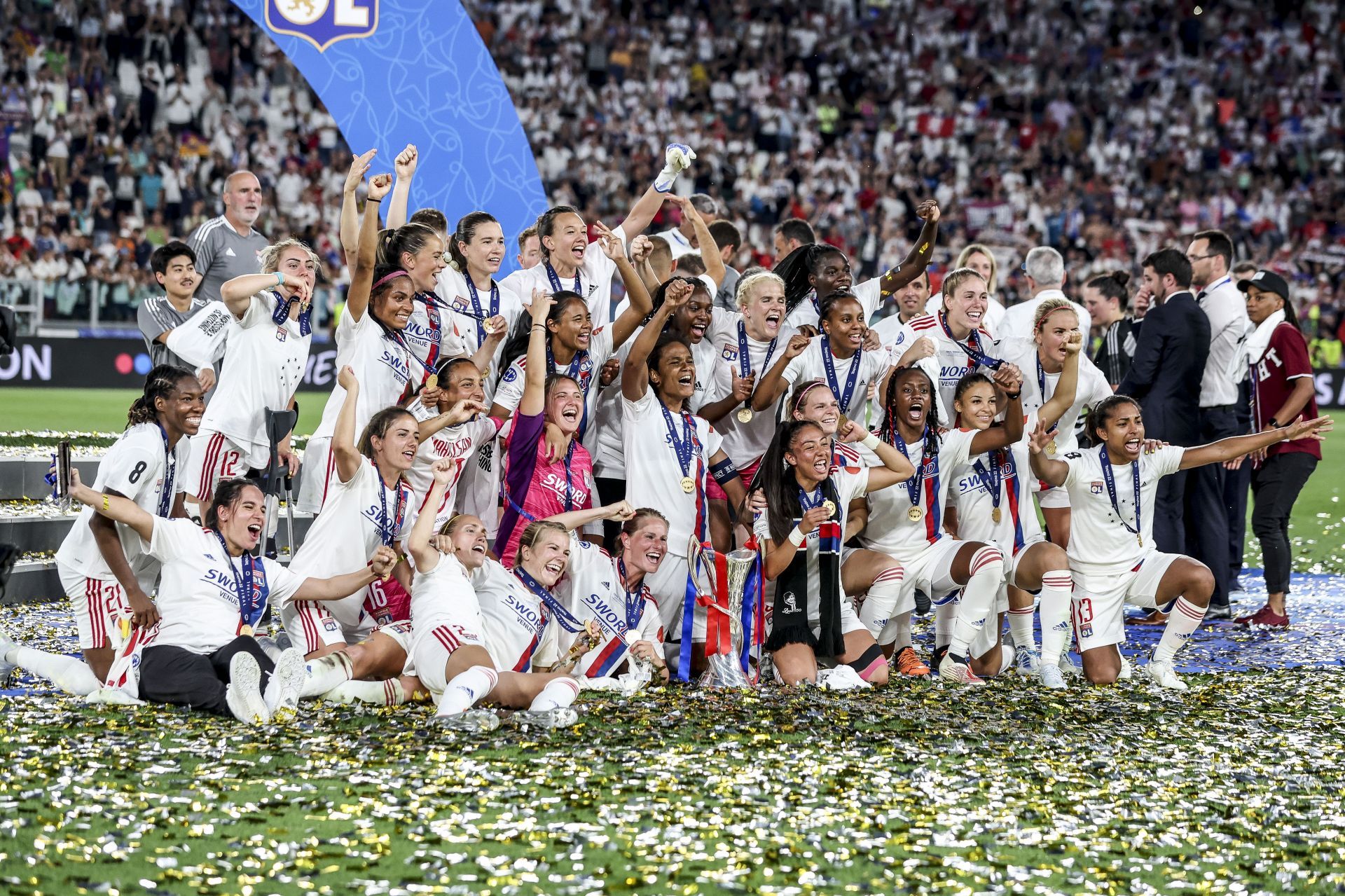 Olympique Lyon celebrate their victory over Barcelona in the Champions League final