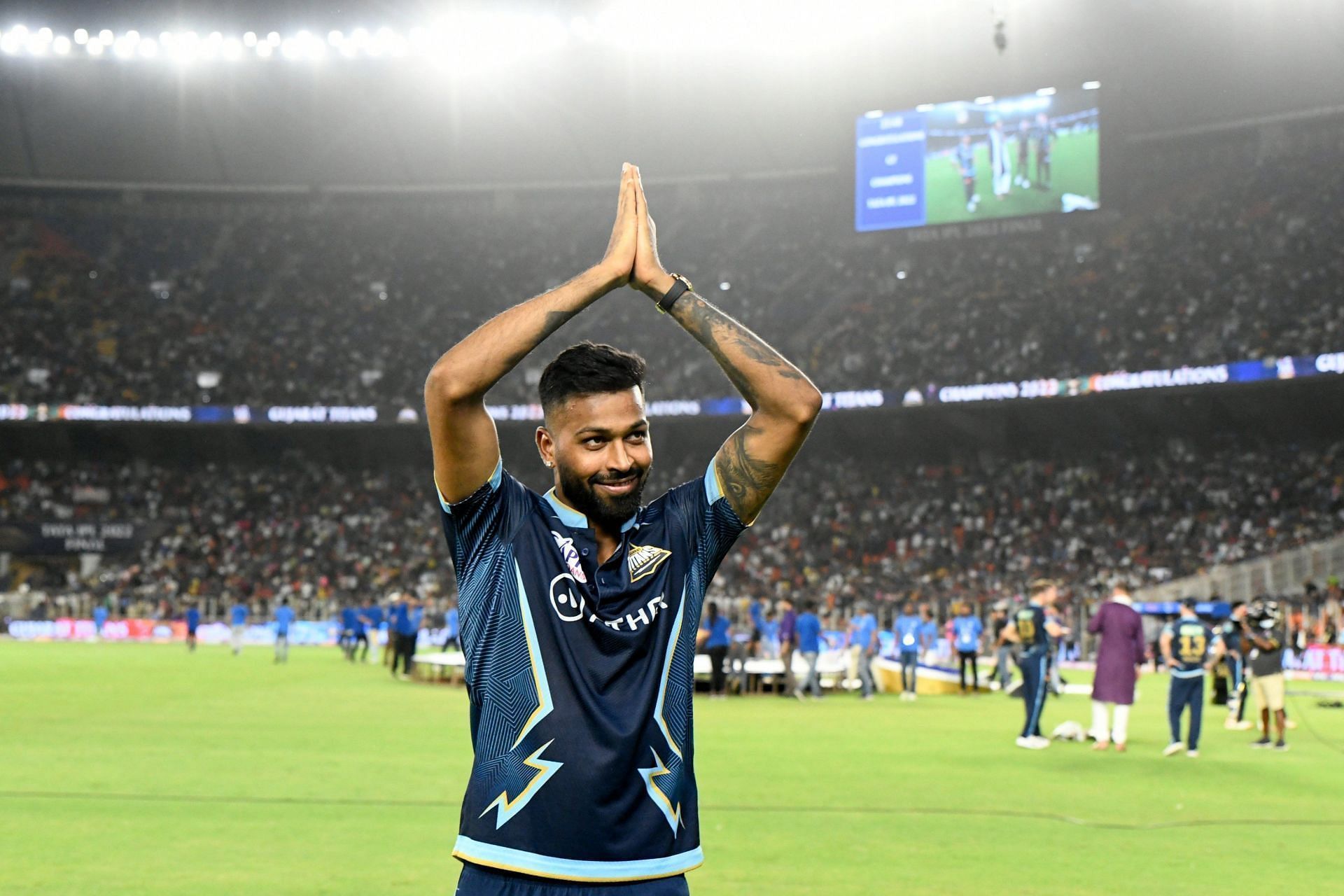 Hardik Pandya acknowledges the Motera crowd after leading GT to IPL victory in their maiden season. Pic: IPLT20.COM
