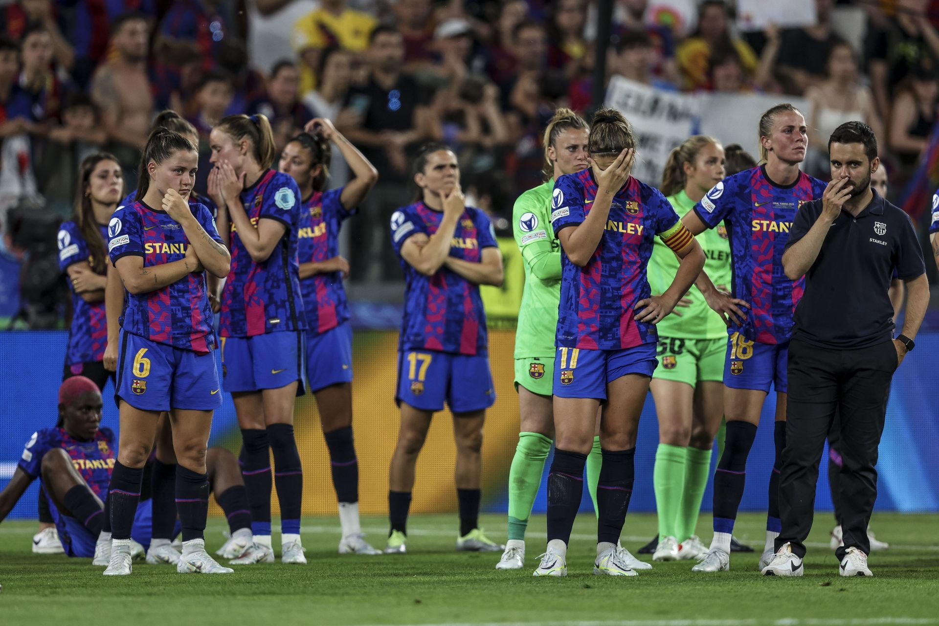 FC Barcelona Femeni players stare in despair after Champions League final loss to Lyon