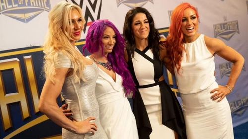 Left to right: Charlotte Flair, Sasha Banks, Bayley, and Becky Lynch.