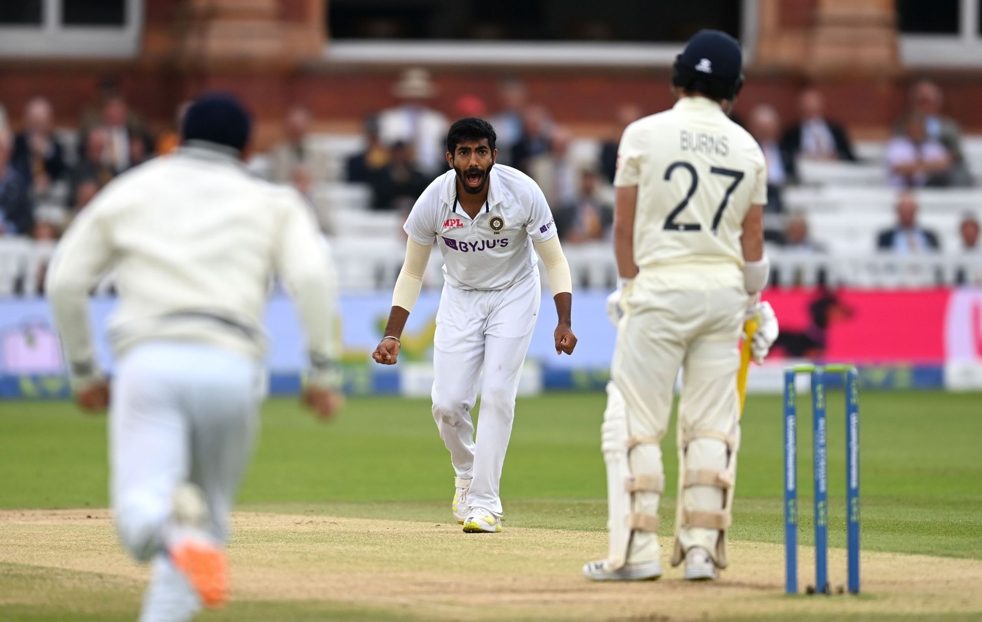 The pacer reacts after outfoxing Rory Burns at Lord’s. Pic: Getty Images