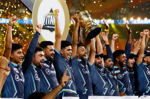 Gujarat Titans celebrate their IPL 2022 victory. Pic: IPLT20.COM