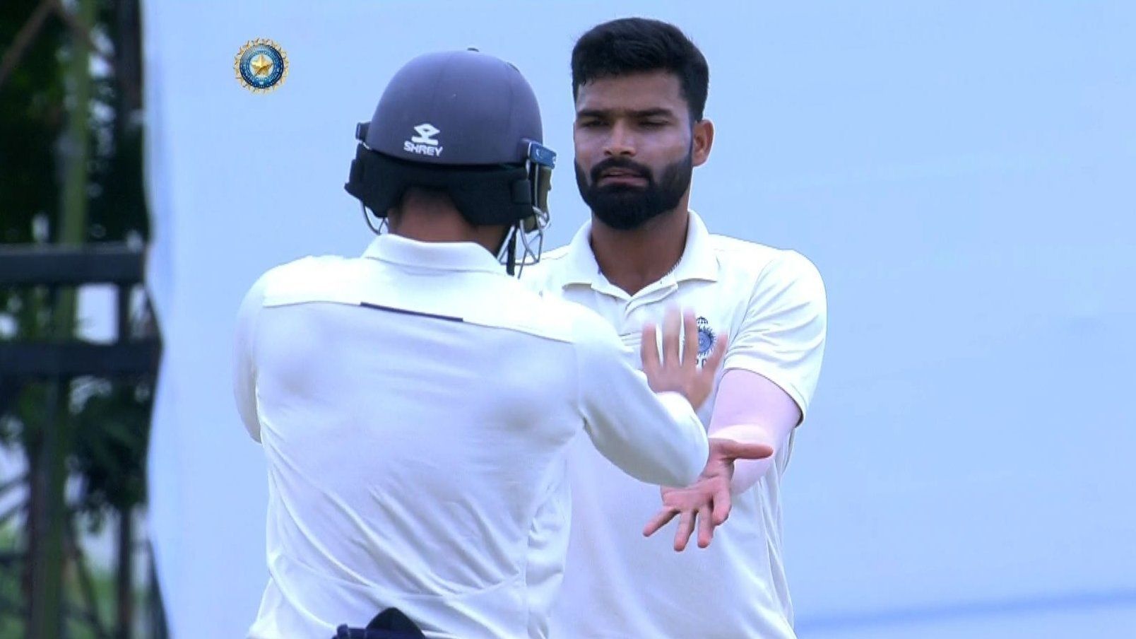 MP left-arm spinner Kumar Kartikeya celebrates a wicket.