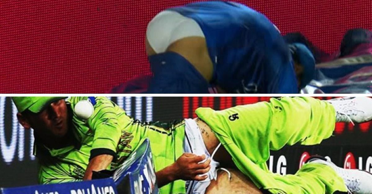 Ravi Bopara (top) and Yasir Shah (bottom) suffered a wardrobe malfunction on the cricket field.