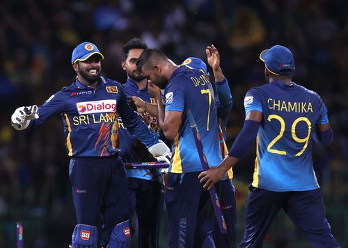 Sri Lankan players celebrate after winning the fourth ODI against Australia. Pic: Gett Images