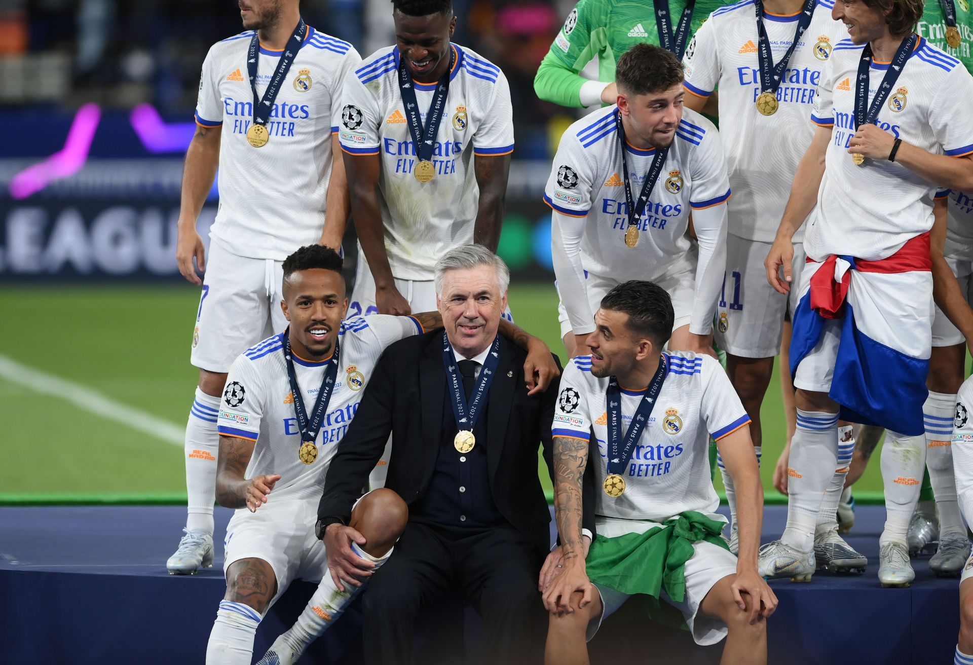 Carlo Ancelotti with Eden Hazard, Vinicius Junior, Federico Valverde, Luka Modric, Eder Militao, and Dani Ceballos Liverpool FC v Real Madrid - UEFA Champions League Final 2021/22