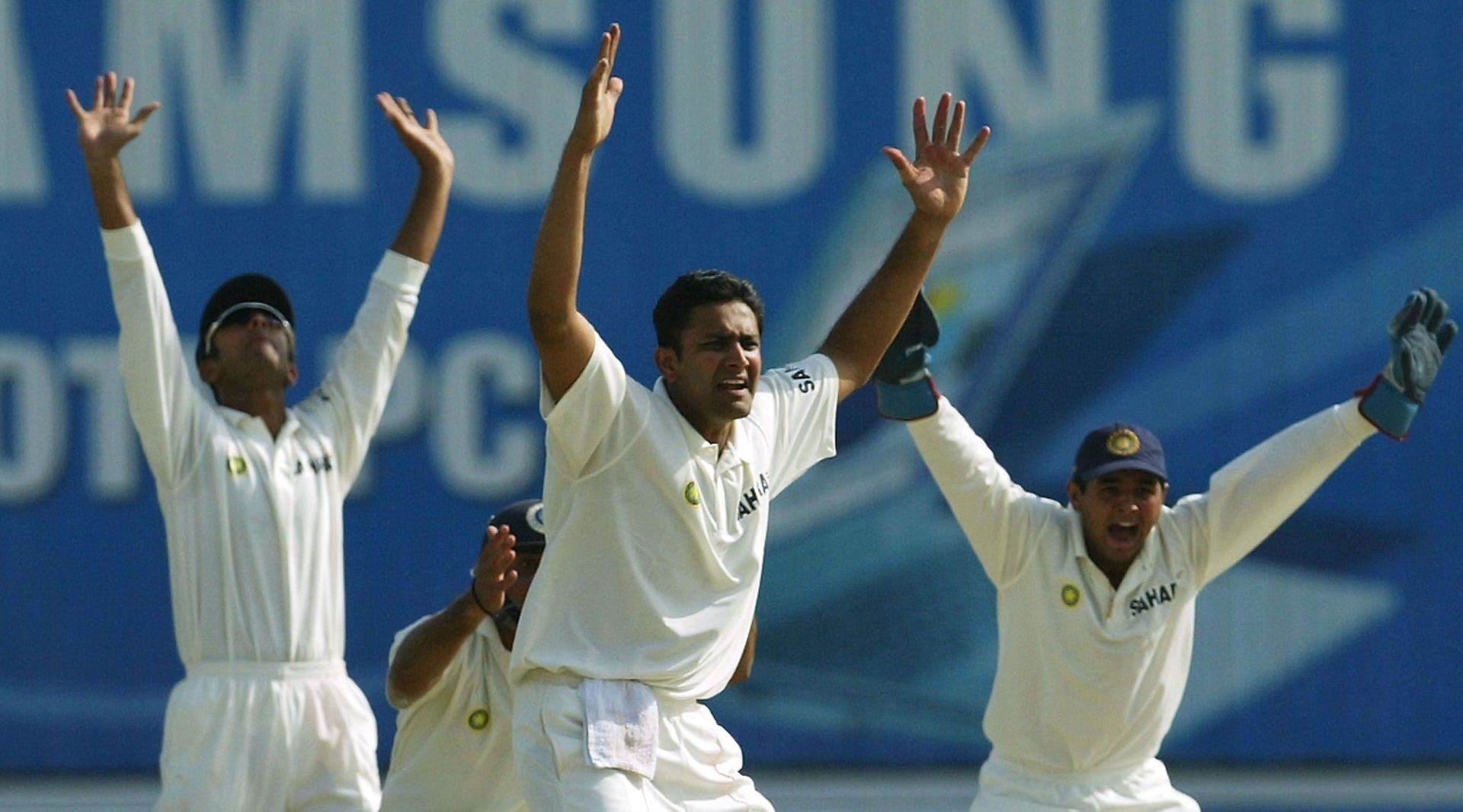 Anil Kumble (center) appeals for a wicket. Pic: Getty Images
