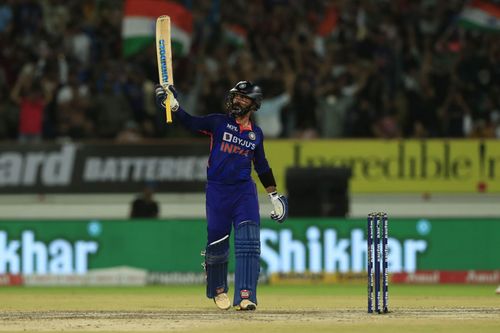 Dinesh Karthik celebrates after scoring a fifty in the 4th T20I against South Africa in Rajkot. Pic: Getty Images