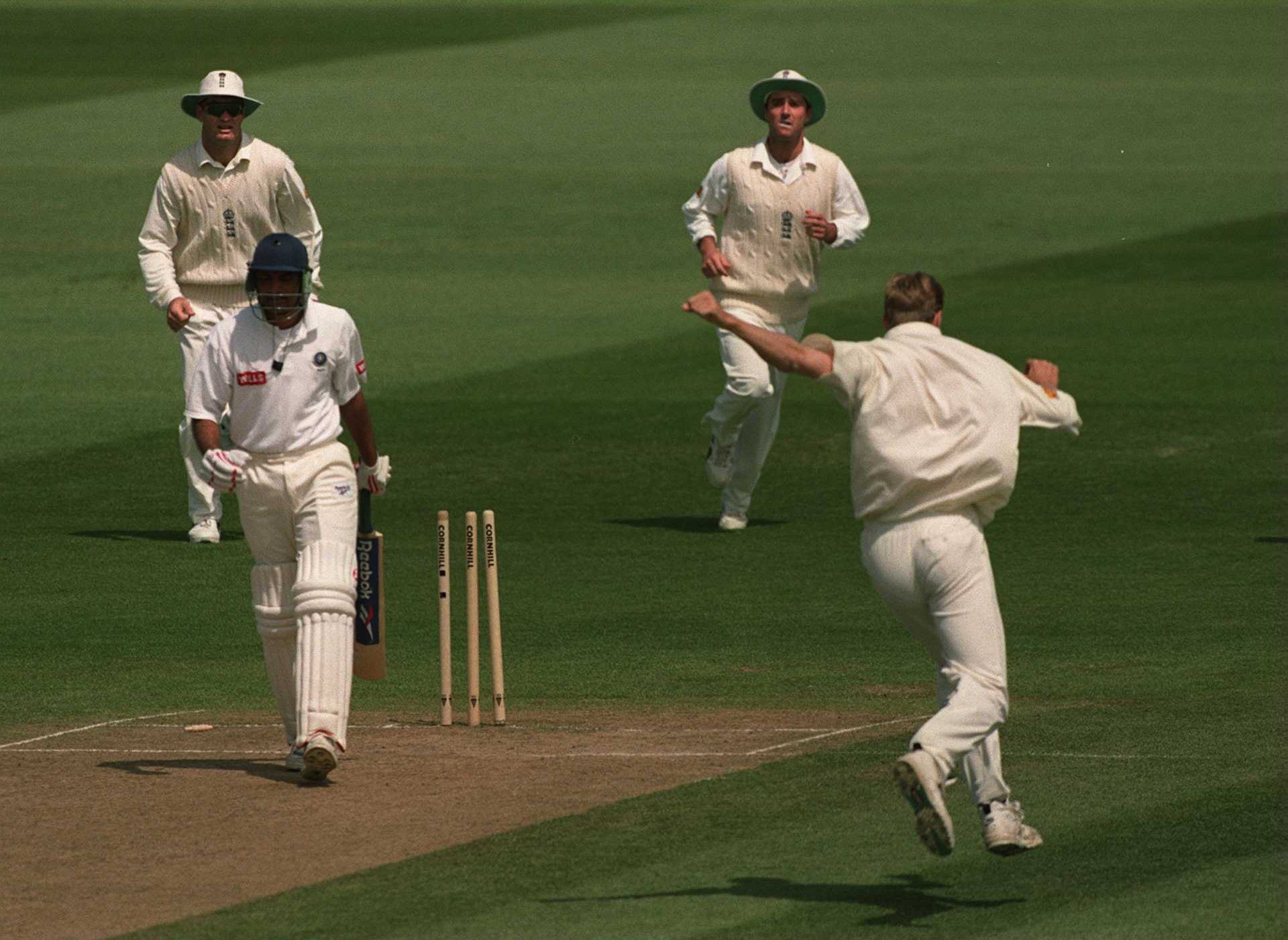 Mohammed Azharuddin is bowled during the 1996 Edgbaston Test. Pic: Getty Images