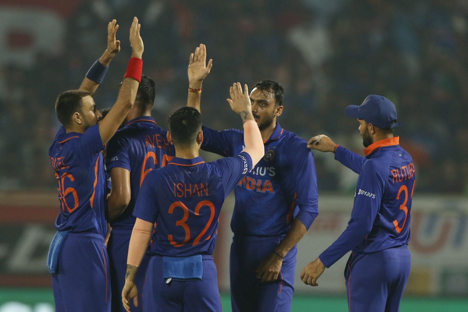 Axar Patel celebrates a wicket with teammates. Pic: BCCI