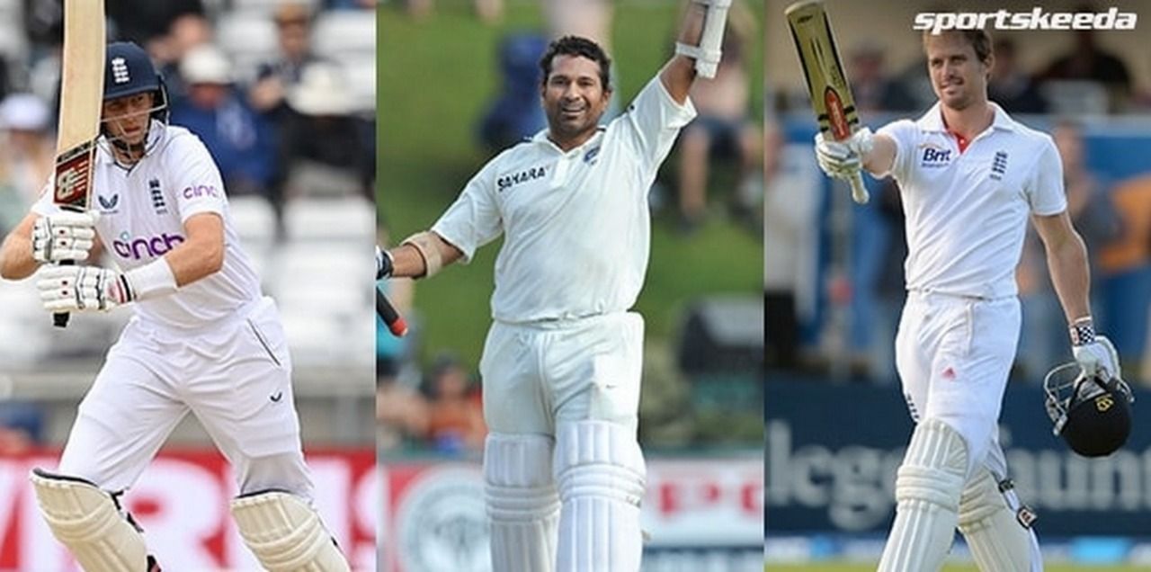 Can Joe Root (extreme left) break Sachin Tendulkar&#039;s (middle) world record of 15,921 Test runs? Nick Compton (extreme right) thinks so.