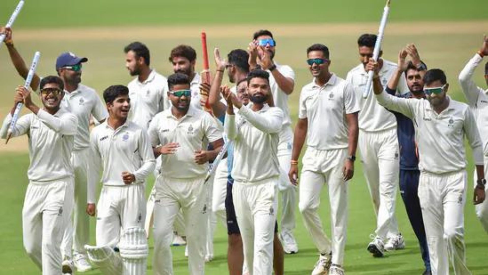 Kumar Kartikeya and other MP players celebrating after historic Ranji Trophy title. (P.C.:BCCI)