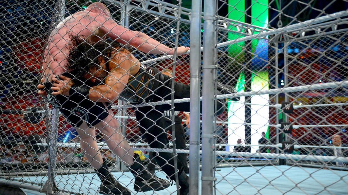 The steel cage match between Roman Reigns and Brock Lesnar ended controversially.