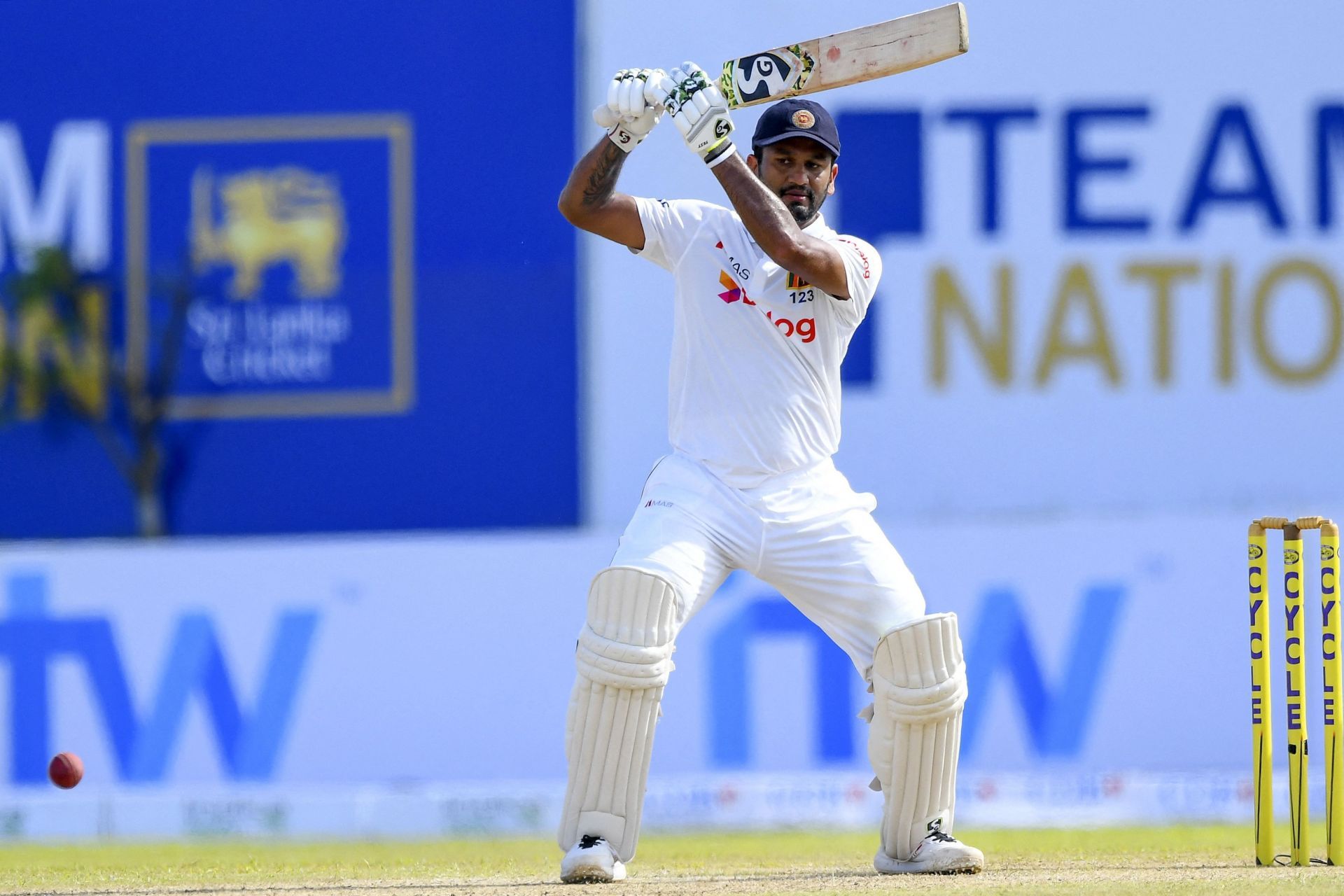 Dimuth Karunaratne batting against the West Indies. (Credits: Twitter)