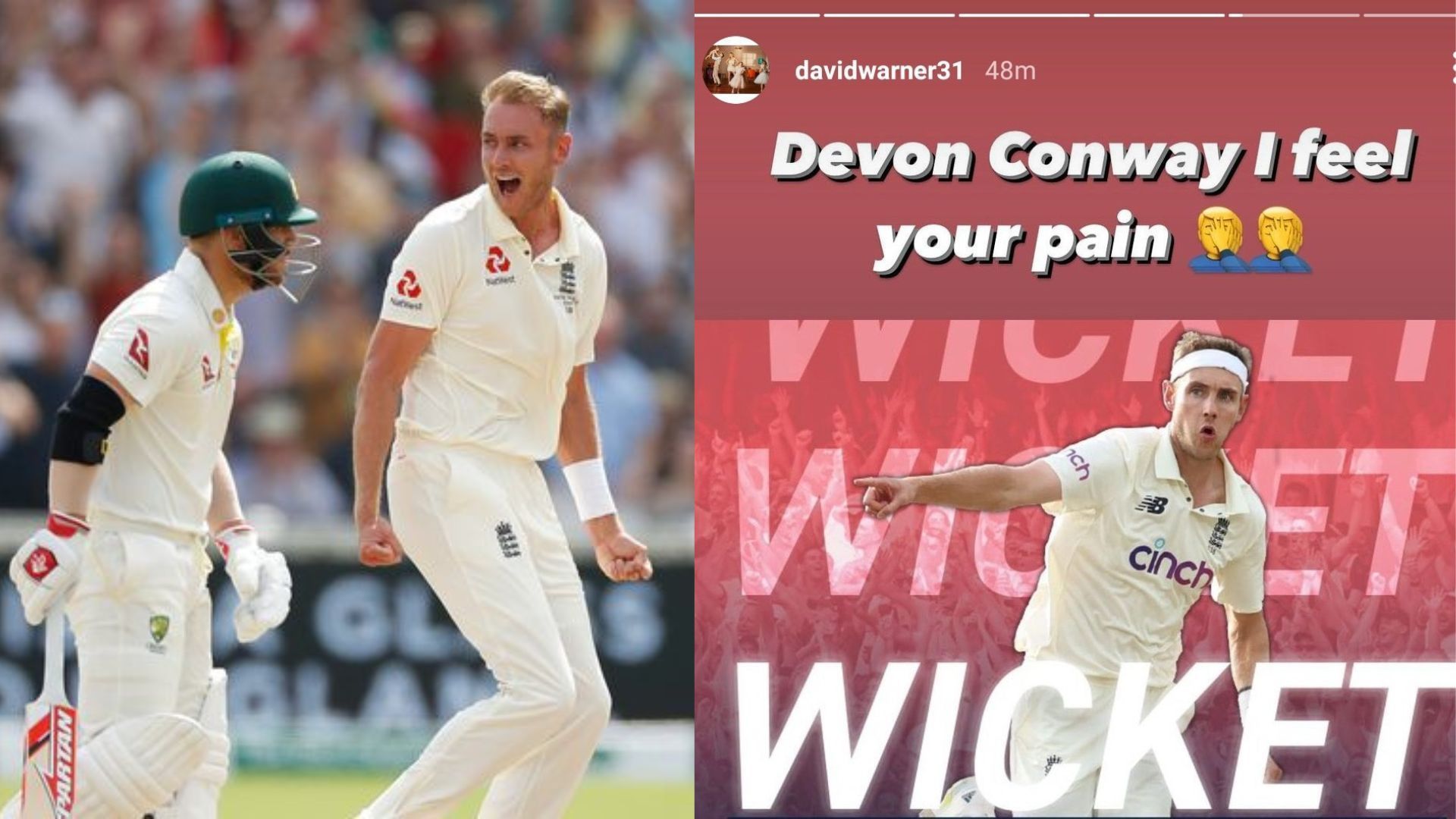 David Warner (L) shares Instagram story sarcastically consoling Conway. (P.C.: Twitter &amp; Warner Instagram)