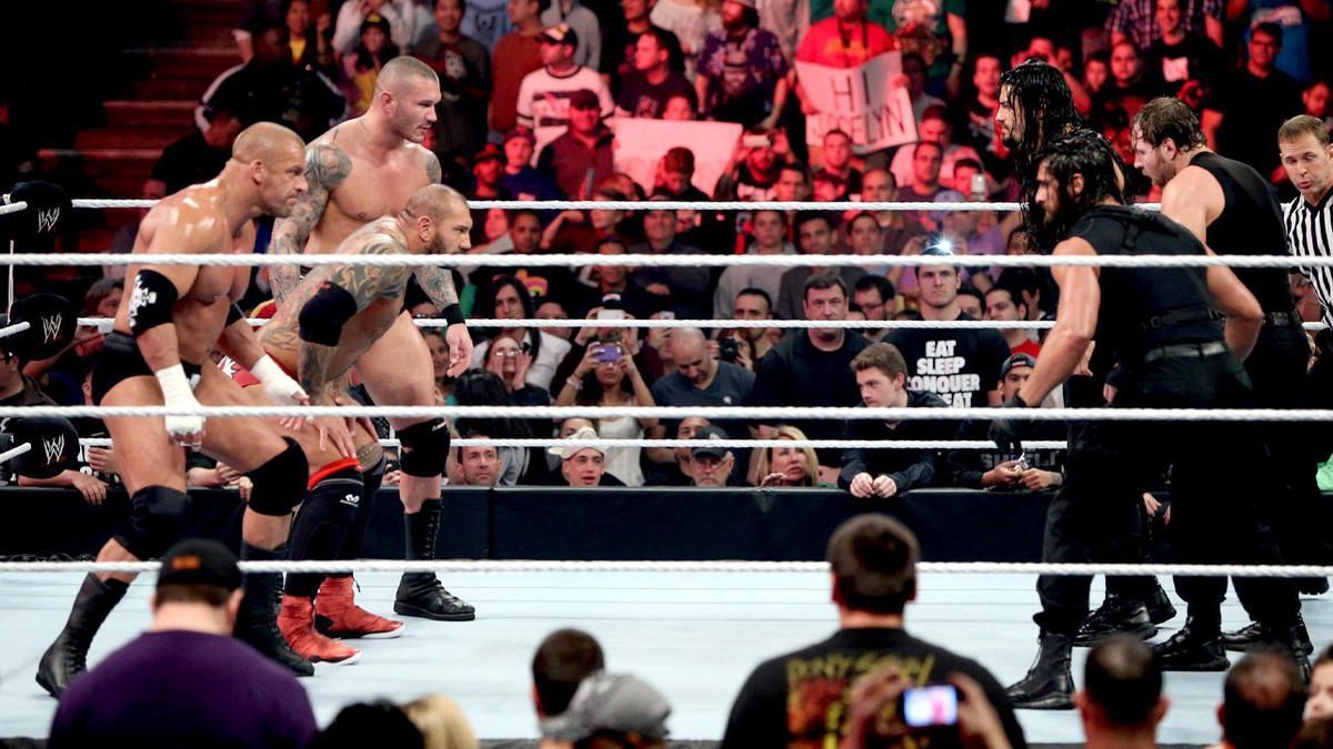 The Shield stare down Evolution at Extreme Rules 2014