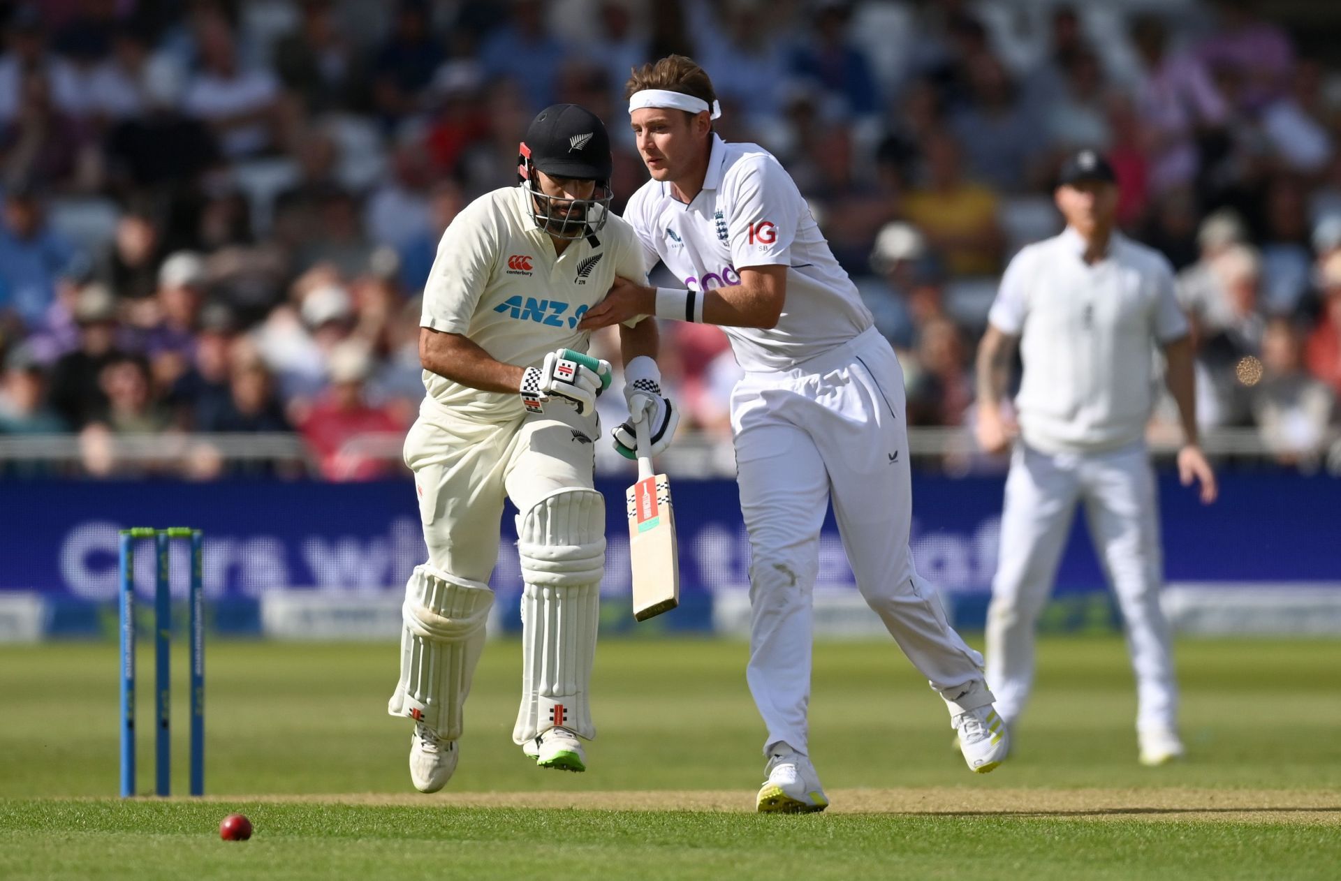 Stuart Broad (right) collides with Daryl Mitchell during the Trent Bridge Test. Pic: Getty Images