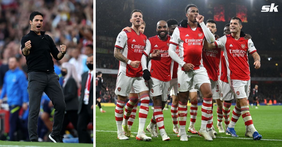 [L-to-R] Mikel Arteta; Gunners players celebrate during a match.