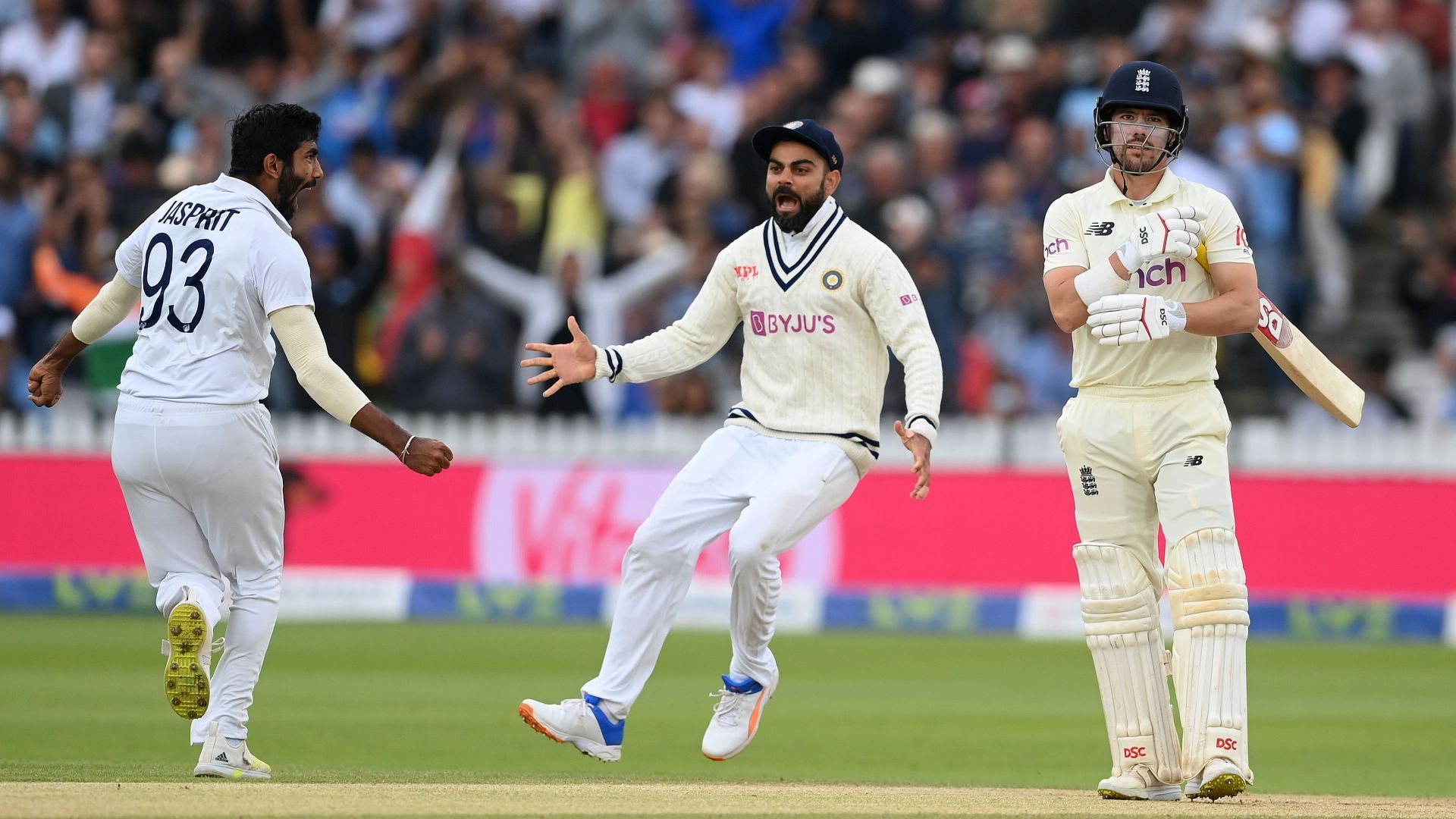 Jasprit Bumrah (left) and Virat Kohli during the Lord&rsquo;s Test last year. Pic: Getty Images