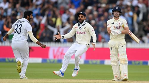 Jasprit Bumrah (left) and Virat Kohli during the Lord’s Test last year. Pic: Getty Images