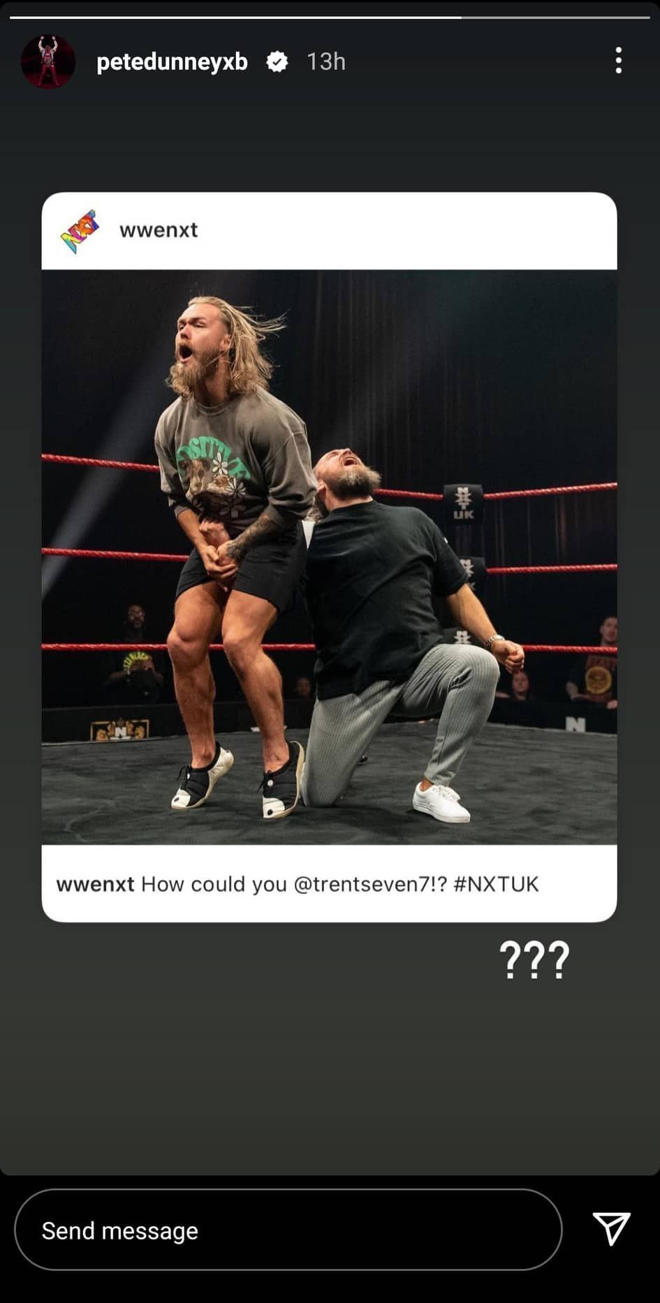 The former NXT UK Champion reacts to Moustache Mountain's split!