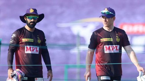 Dinesh Karthik (L) played under Eoin Morgan in KKR. (PC: KKR)