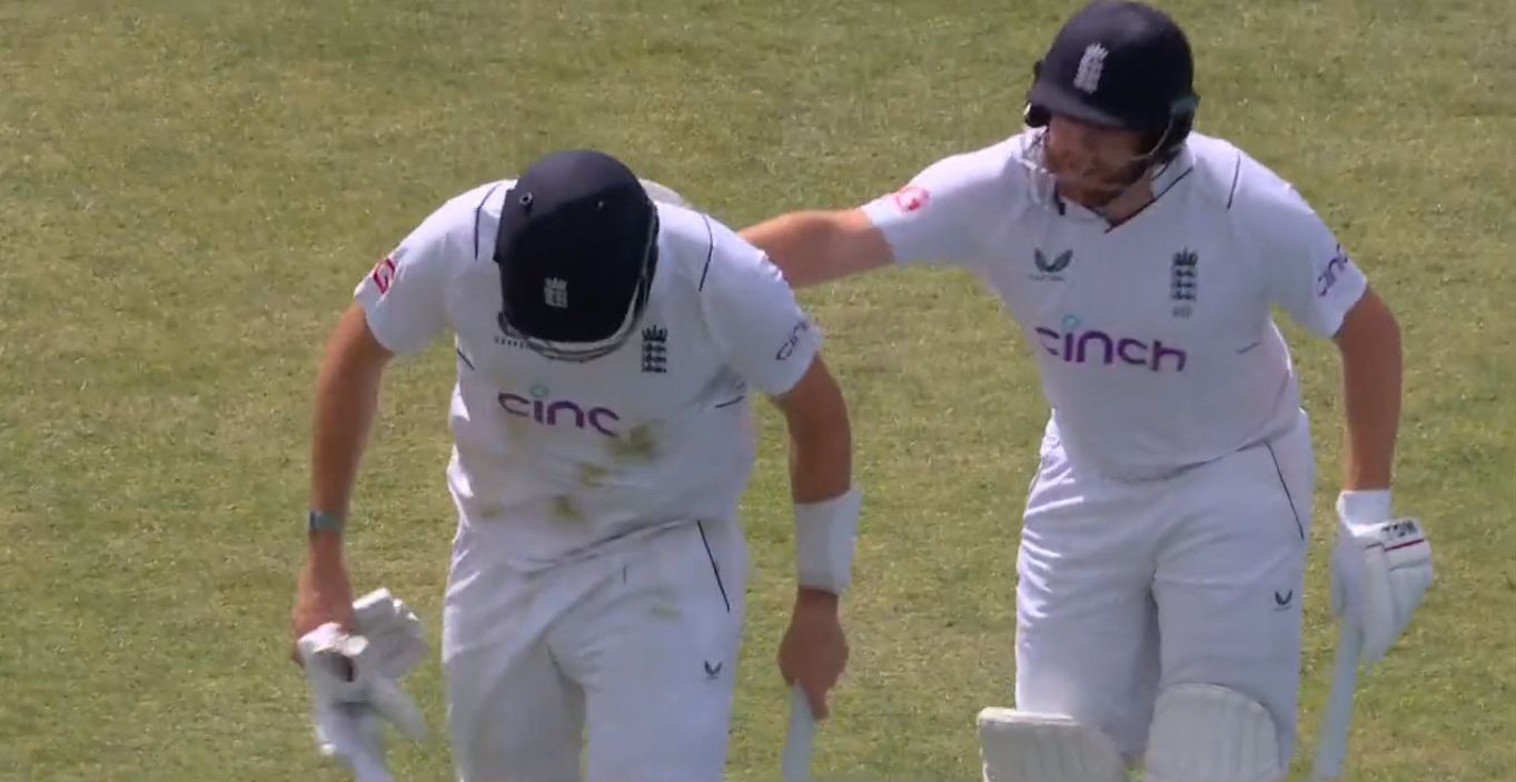 Jonny Bairstow (right) consoles Jamie Overton after the latter was dismissed for 97. Pic: ECB