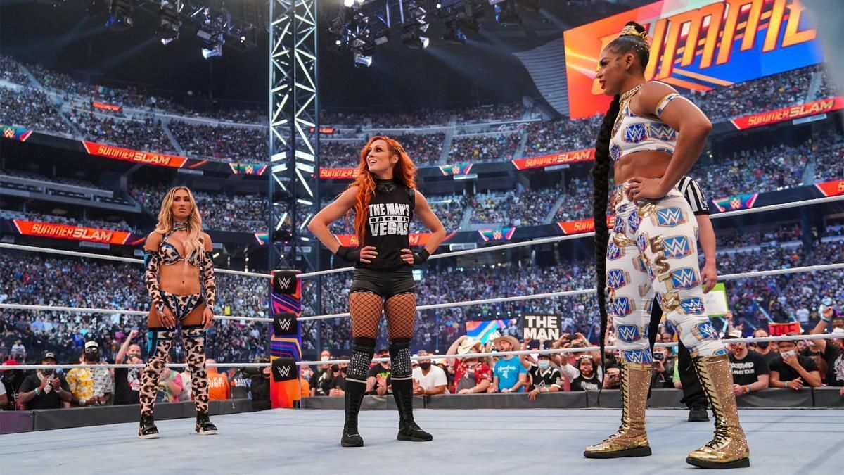 Becky Lynch intervening herself in a Bianca Belair-Carmella match.