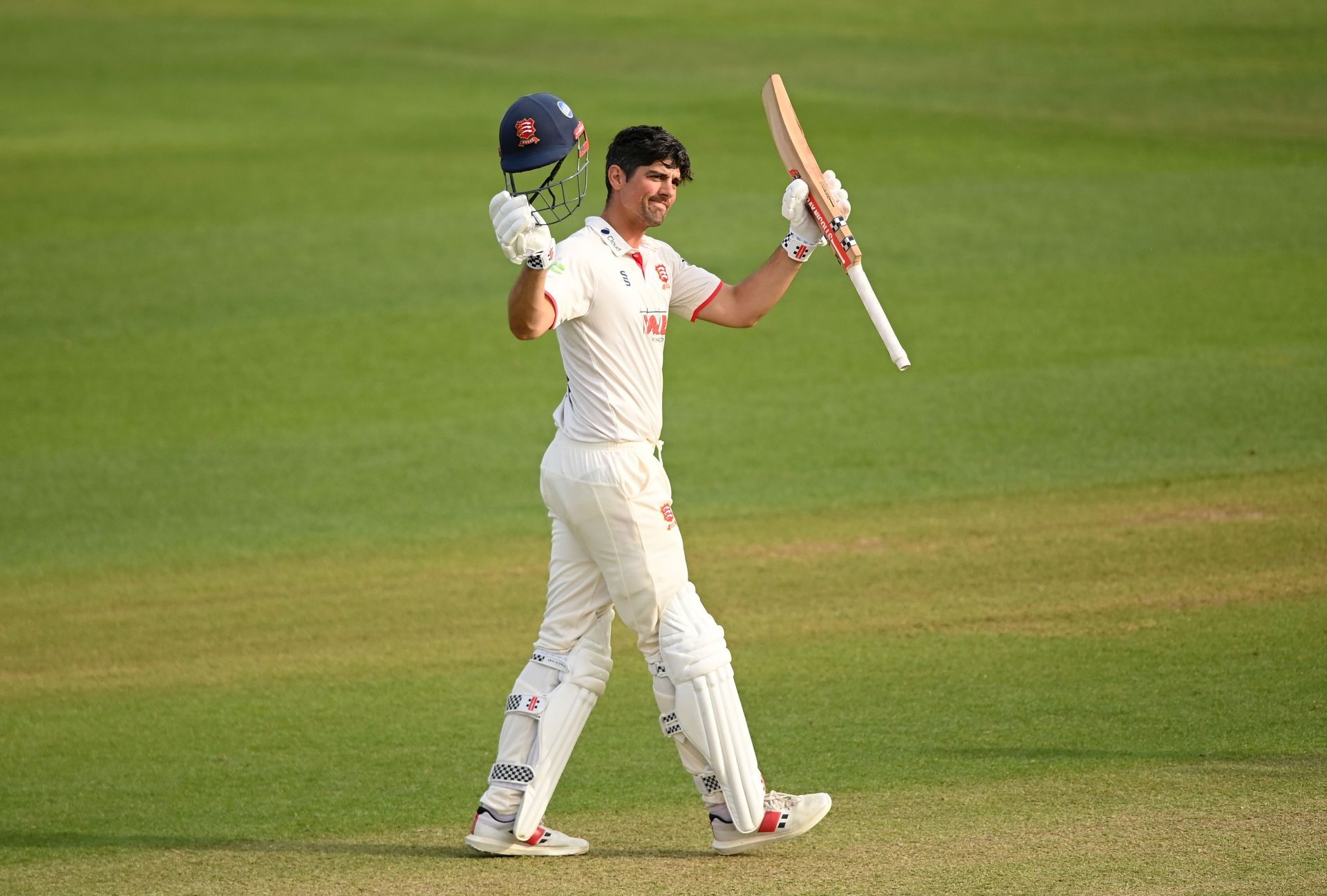 Alastair Cook celebrates his century during a County Championship match between Essex and Yorkshire on May 5, 2022, in Chelmsford. (Getty Images)