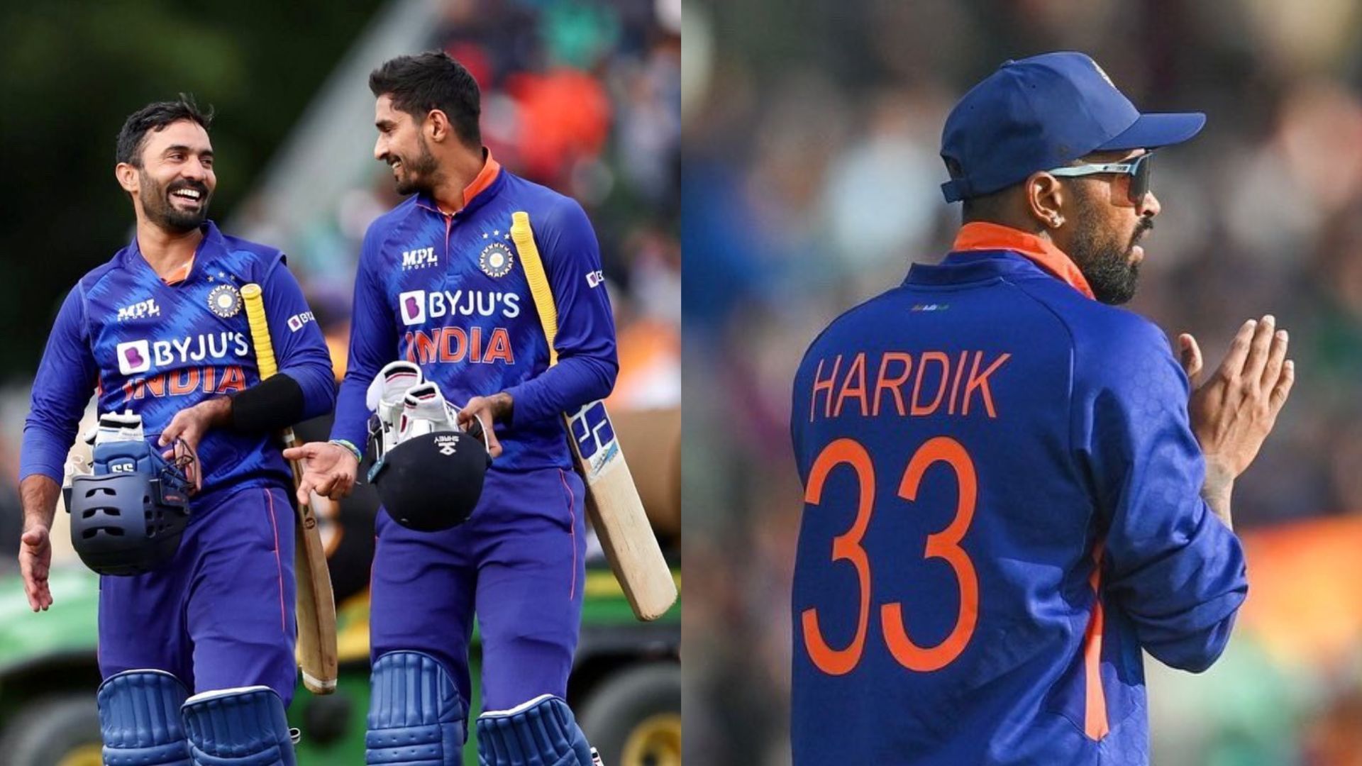 Dinesh Karthik (L), Deepak Hooda and Hardik Pandya (R) in action against Ireland. (P.C.:Twitter)