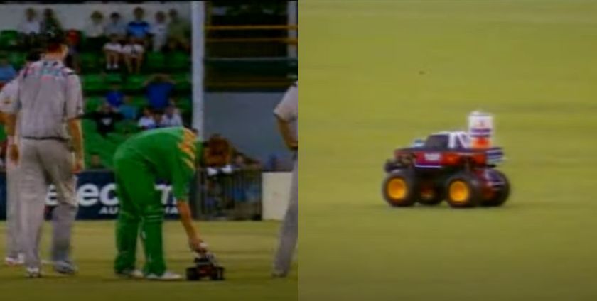 A remote-controlled toy car delivers drinks to South African batters during their 1993-94 tour of Australia.