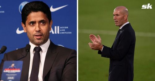 [L-to-R] PSG president Nasser Al-Khelaifi and Zinedine Zidane.