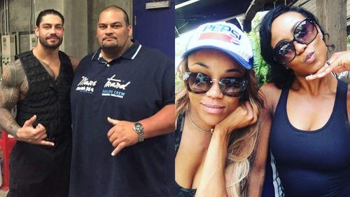 Roman Reigns with Rosey (left) and Alicia Fox with Christina Crawford (right)