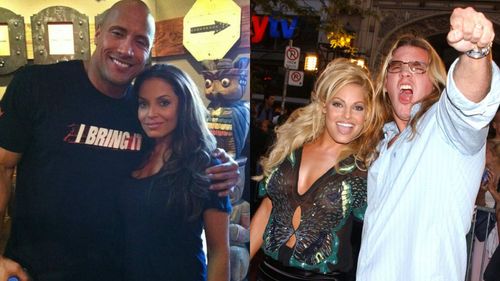 WWE Hall of Famer Trish Stratus with The Rock (left) and with Chris Jericho (right)