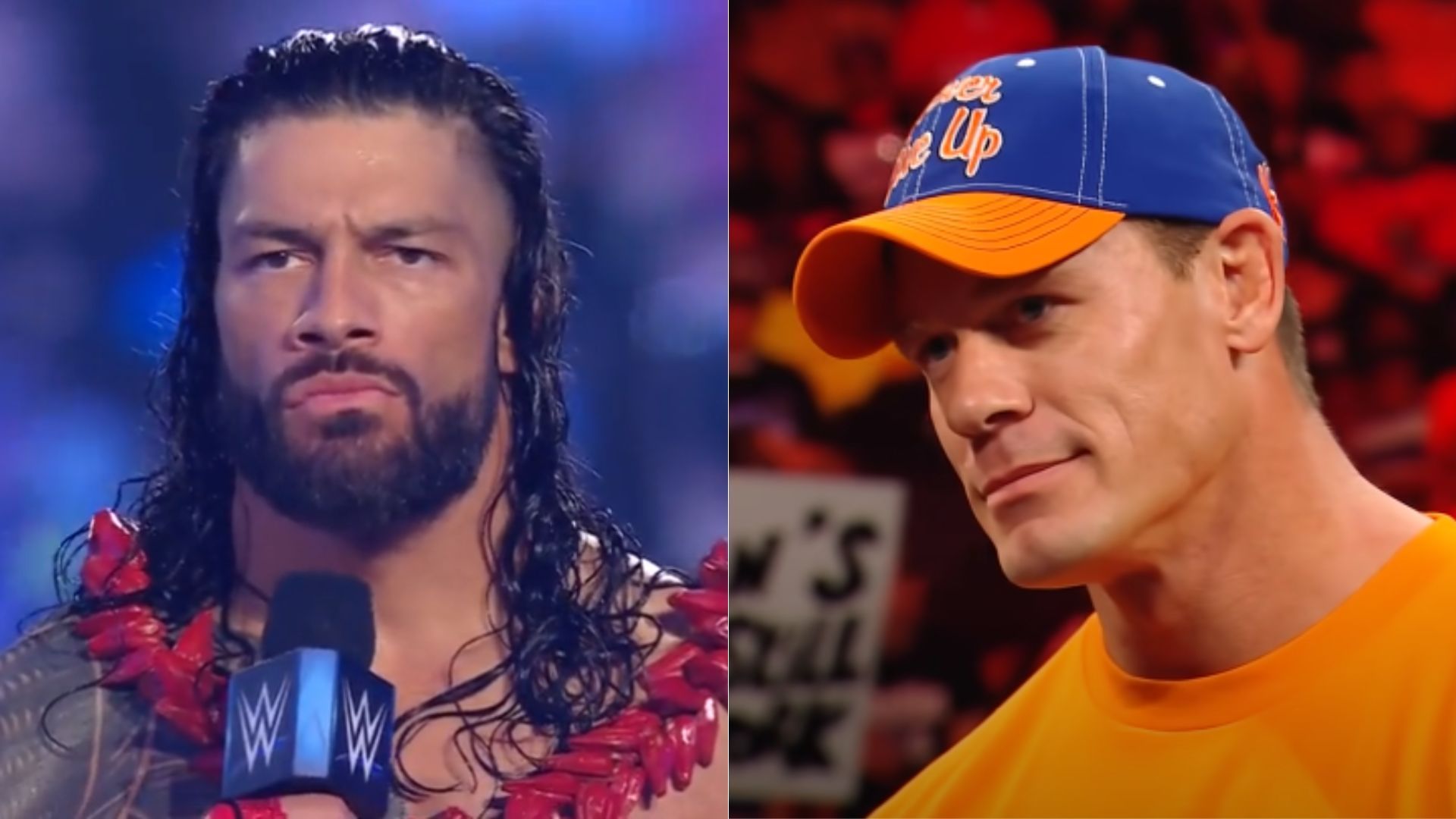 Roman Reigns (left); John Cena (right)