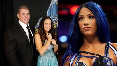 Vince McMahon with Trish Stratus (left) and Sasha Banks (right)