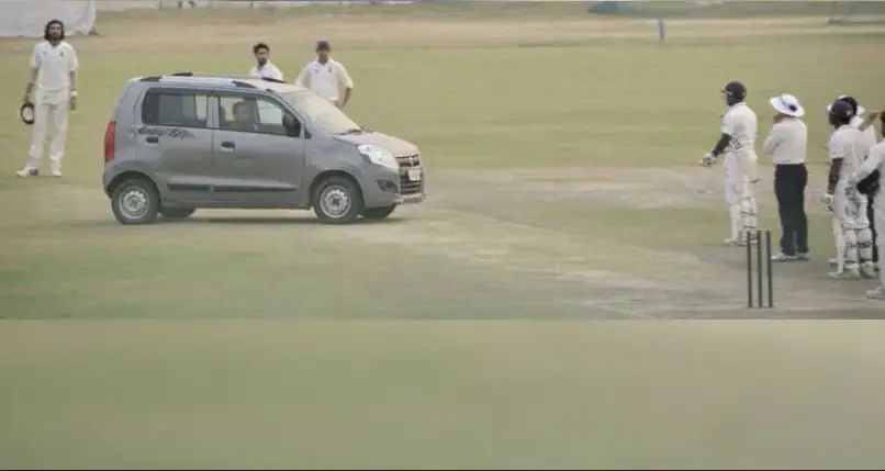 A car on the pitch during a Ranji Trophy match in 2017. Pic: navneet_mundhra/ Twitter