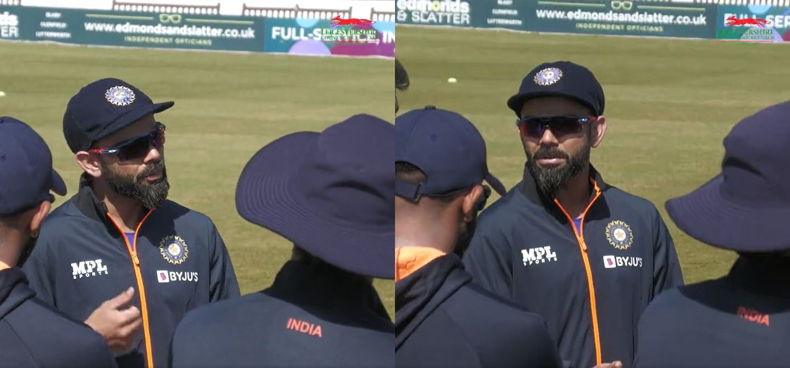 Virat Kohli having a &lsquo;chat&rsquo; with the Indian players. Pic: Leicestershire Foxes/ Twitter