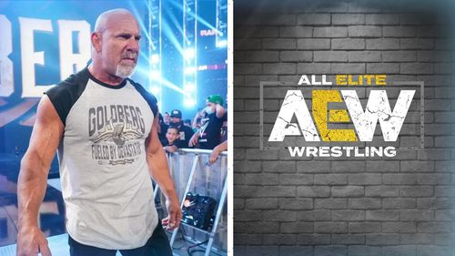 WWE Hall of Famer Goldberg (L) and AEW logo (R)