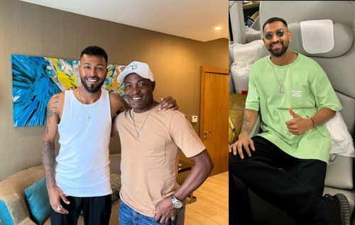 (Left) Hardik Pandya and Brian Lara. (Right) Krunal Pandya.