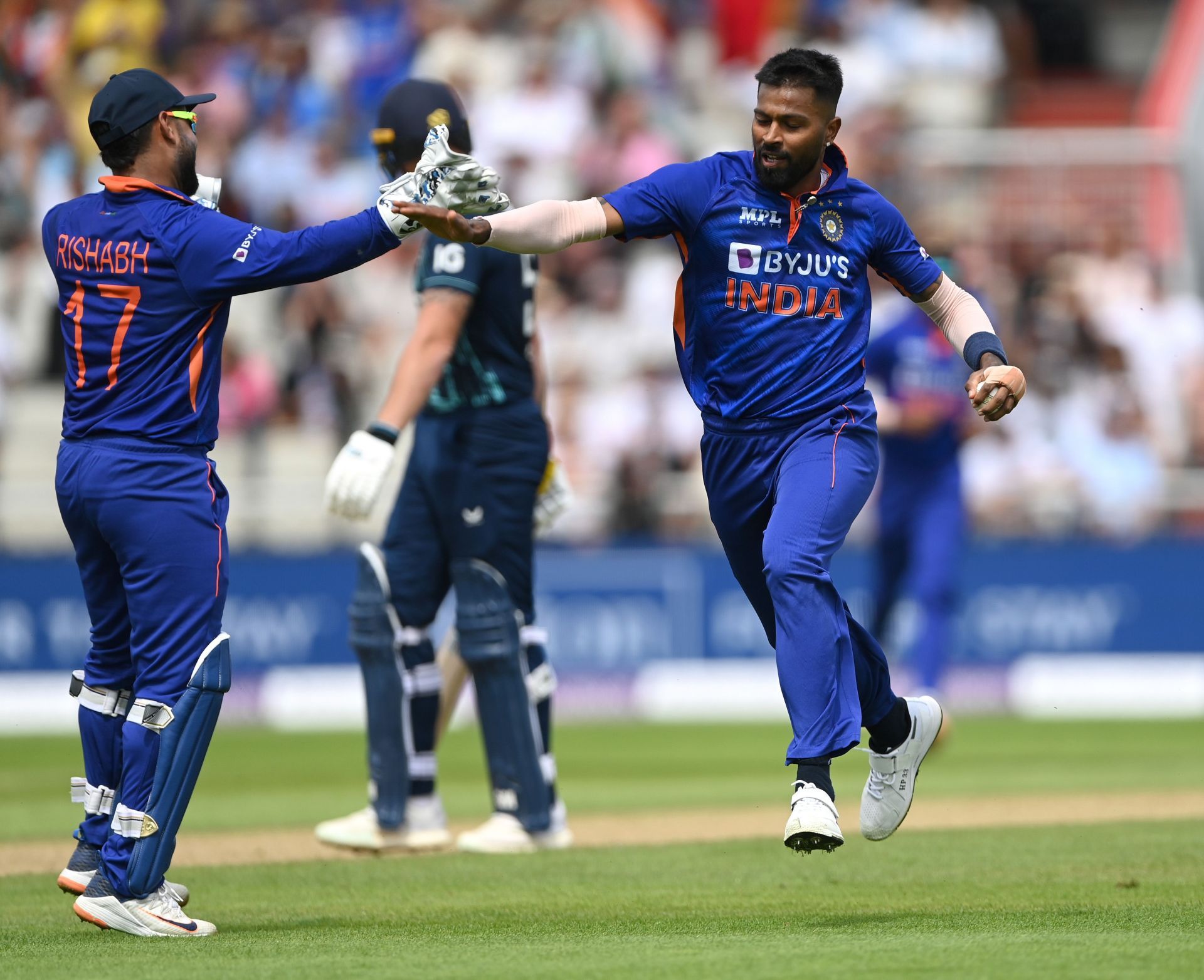 Hardik Pandya after taking one of his four wickets in the 3rd ODI against England on July17. 
