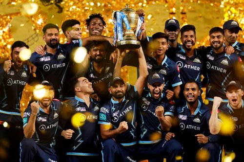 Gujarat Titans (GT) with the IPL 2022 trophy. Pic: IPLT20.COM