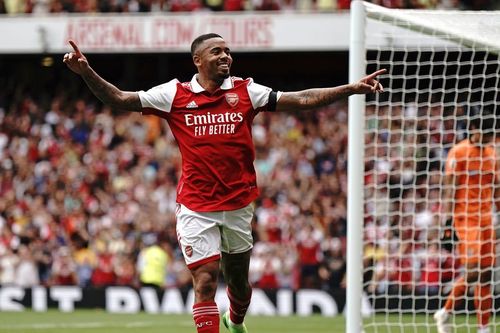 Gabriel Jesus celebrates after scoring Arsenal's third goal.